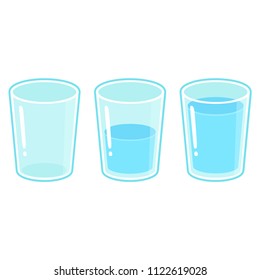 Three glasses of water: empty, half full and full. Cartoon vector illustration isolated on white background.