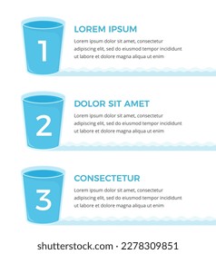 Three glasses with water with numbers and place for your text, water infographics, vector eps10 illustration