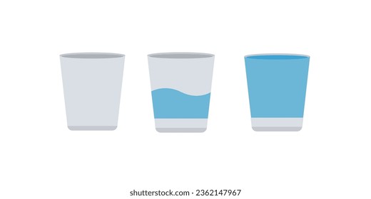 Three glasses of water in a row: empty, half full and full level. Flat vector cartoon illustration of food and drink background. Lack of water or thirsty. Optimism and pessimism philosophy concept.