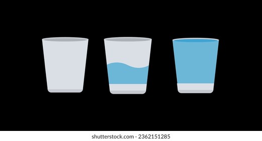 Tres vasos de agua seguidos: vacío, medio lleno y nivel completo. Dibujo de dibujos animados de vectores planos de alimentos y bebidas con fondo de color negro. Optimismo y concepto filosófico del pesimismo.