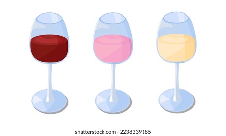 Three glasses of wine. Vector image of a glass with red, rosé and white wine, without the use of gradients.