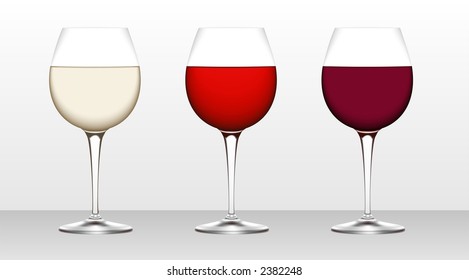 Three glasses of wine. White, blush, burgundy.