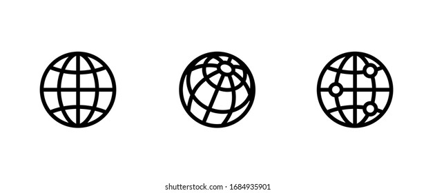 Tres iconos de globo. Vector de línea editable. Diseño de señalización en el mundo plano moderno. Gráficos de red lineal delgada para sitio web, aplicación móvil.