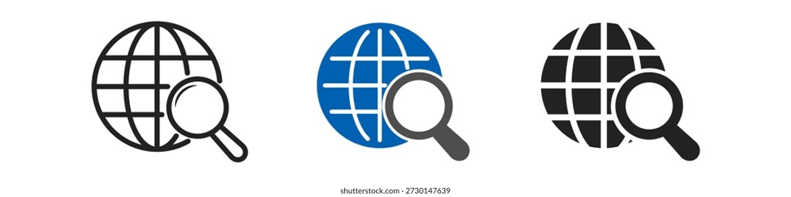 Tres iconos de globo con lupas en varios colores, que representan la búsqueda y exploración global.