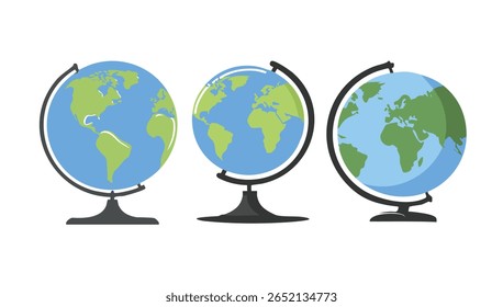 Três Ilustrações de Globo Mostrando Continentes Diferentes sobre um Plano de Fundo Branco