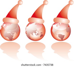 Three globe world glass views with christmas santa hat