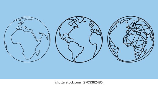 Drei Globen, die verschiedene Ansichten der Kontinente zeigen, in einem Line Art Stil.