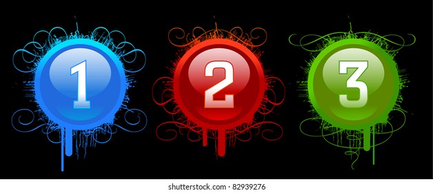 three glossy award rosettes isolated on black