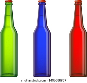 Three glossy bottles with light beer or fresh drink standing. Three colors - green, blue, red. White background. Isolated vector