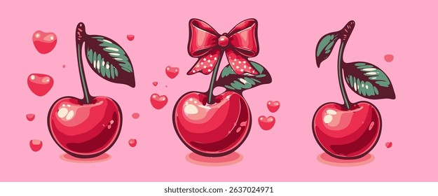Three glossy cherries with green leaves, heart accents, and a red bow in a cute kawaii cartoon style on a pink background. The illustration uses the trendy, bold, and shiny coquette style.
