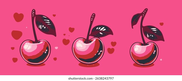 Three glossy cherries with heart accents, in a cute cartoon style on a pink background. The illustration uses the trendy, bold, and shiny pop style.