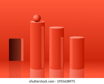 Three glossy cylinders with a little sphere inside a minimalist red room. Vector Illustration
