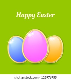 Three glossy Easter eggs isolated on green background
