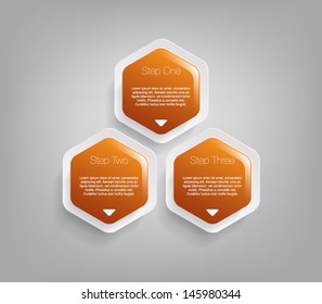 Three glossy plastic banners for infographics, business design, step presentation, number options, progress design or workflow layout. Clean and modern style with hexagons