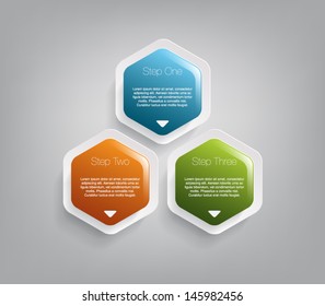 Three glossy plastic banners for infographics, business design, step presentation, number options, progress design or workflow layout. Clean and modern style with hexagons