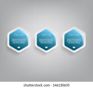Three glossy plastic banners for infographics, business design, step presentation, number options, progress design or workflow layout. Clean and modern style with hexagons