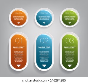 Three glossy plastic banners for infographics, business design, step presentation, number options, progress design or workflow layout. Clean and modern style