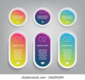 Three glossy plastic banners for infographics, business design, step presentation, number options, progress design or workflow layout. Clean and modern style