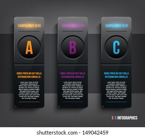Three glossy plastic banners template over dark pattern background for step presentation, infographics, business design, progress, number options, reports or workflow layout. Clean and modern style