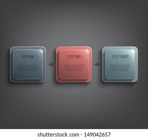 Three glossy plastic banners template over dark pattern background for business design, infographics, reports, progress, number options, step presentation or workflow layout. Clean and modern style