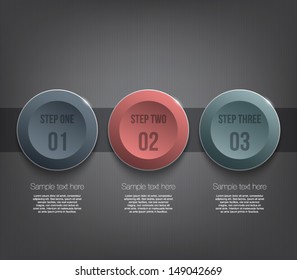 Three glossy plastic banners template over dark pattern background for business design, infographics, reports, progress, number options, step presentation or workflow layout. Clean and modern style