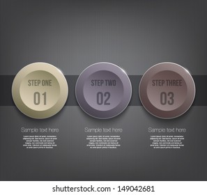 Three glossy plastic banners template over dark pattern background for business design, infographics, reports, progress, number options, step presentation or workflow layout. Clean and modern style