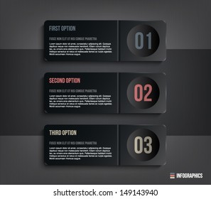 Three glossy plastic banners template over dark pattern background for step presentation, infographics, business design, progress, number options, reports or workflow layout. Clean and modern style