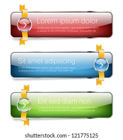 Three glossy vector banners decorated with golden ribbons and colorful buttons