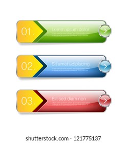 Three glossy vector banners decorated with golden ribbons and colorful buttons - One Two Three steps