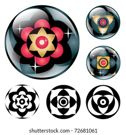 Three glossy web buttons and three black and white buttons in a form of geometric crop circles