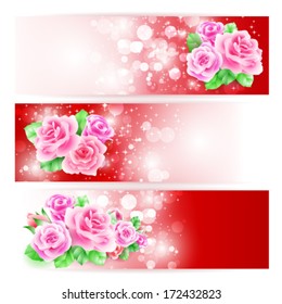 Three glowing banners with roses