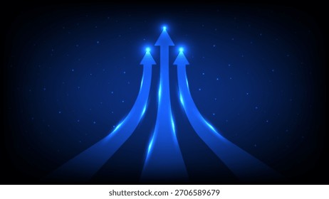 Drei leuchtende blaue Pfeile verschmelzen nach oben auf einem sternenklaren digitalen Hintergrund und symbolisieren Wachstum und Fortschritt