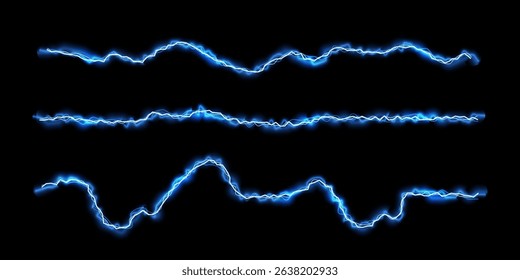 Three glowing blue electric waves on a black background