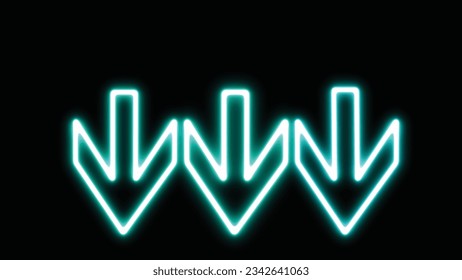 Three glowing down neon signs set, arrow direction symbol. Three neon down arrow sign . Direction traffic sign. Navigation concept. Vector illustration