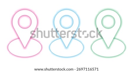 Three glowing location pin icons in pink blue and green indicating different geographical points or destinations on a map perfect for travel and navigation themes. EPS vector illustration