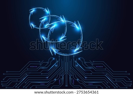 Three glowing loops connected above a circuit board, symbolizing AI-powered process cycles, smart automation, and system feedback. Futuristic neon blue cyber vector with digital technology theme.