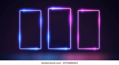 Three Glowing Neon Rectangle Frames Set. Perfect vector clip art for your design.
