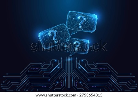 Three glowing question bubbles rise from circuit lines, symbolizing AI support, digital help systems and problem-solving technology. Modern neon low-poly blue futuristic vector illustration.