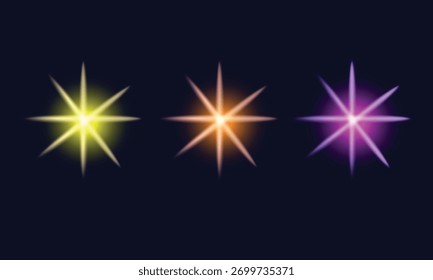 Tres Estrellas Brillantes En Brillo Amarillo, Naranja Y Púrpura