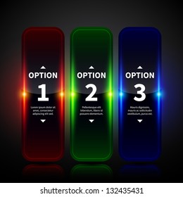 Three glowing vertical banners with numbers and descriptions. Useful for web design, advertising or presentations.