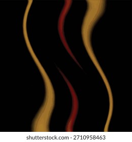 Três linhas onduladas brilhantes em vermelho e amarelo fluem verticalmente através de um fundo preto com energia abstrata.