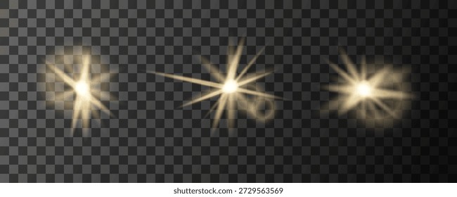 Tres efectos de luz amarilla brillante con destellos solares. Un elemento de destello de lente brillante con un diseño de punto óptico sobre un fondo transparente. Vector.
