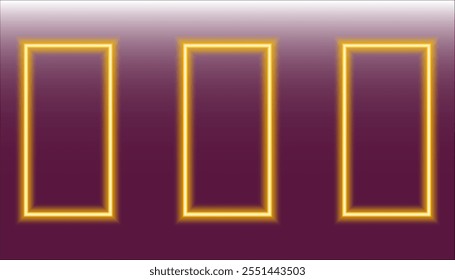 Three glowing yellow neon frames evenly spaced on a gradient purple background with a modern abstract design. Minimalist Design with Illuminated Rectangles. Neon Geometric Art with Purple and Gold