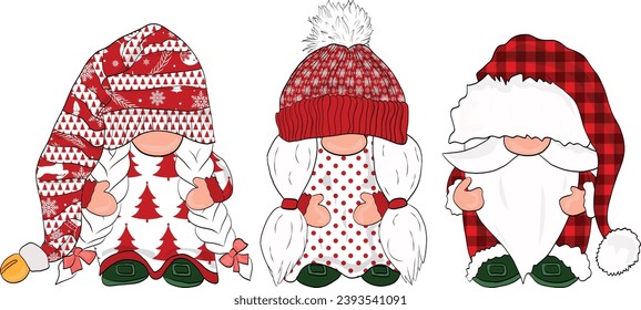 Three Gnome With Christmas Patterns: Red Plaid, snowflake, reindeer. Xmas holiday