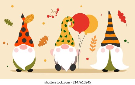 Three gnomes with balloons. Fictional and historical characters, design for invitation and greeting cards for children. Autumn season, branches, foliage and leaves. Cartoon flat vector illustration