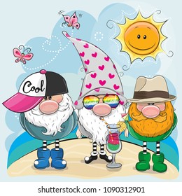 Three Gnomes in a cap on the beach