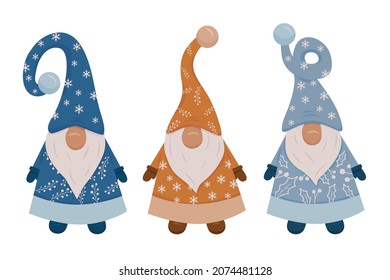Three gnomes in cute hats set. Collection christmas characters isolated on white background. Elements the design of posters, cards, invitations . Vector illustration