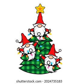 
Three gnomes with garlands on a Christmas tree. Vector isolated cartoon characters. Christmas card.