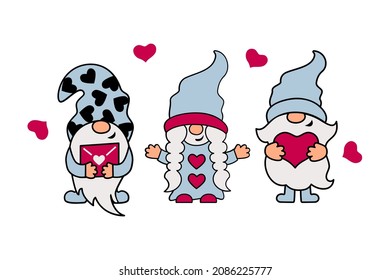 Three gnomes with hearts are on white background. Valentine's day card. Vector illustration.