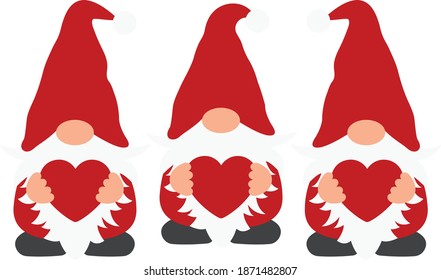 Three Gnomes with Hearts, Valentine Gnomes, Gnome cut file, St. Valentine's Day vector illustration